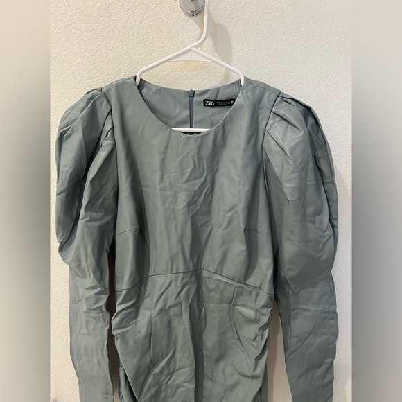 ZARA mint green leather puff sleeve dress - Picture 7 of 12